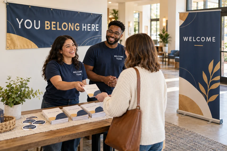 Illustrative church welcome area with a vinyl banner, roll-up display and printed volunteer shirts