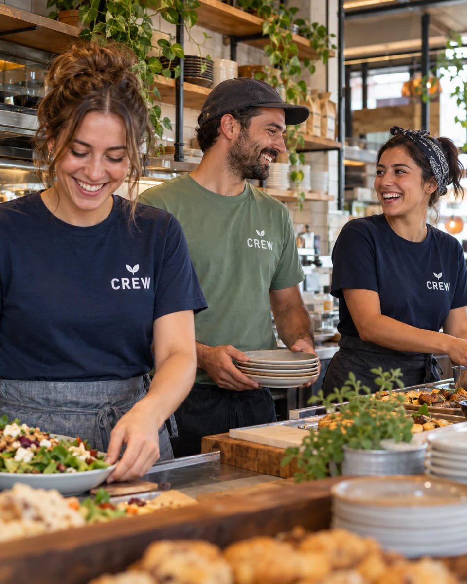 Illustrative staff wearing custom printed shirts