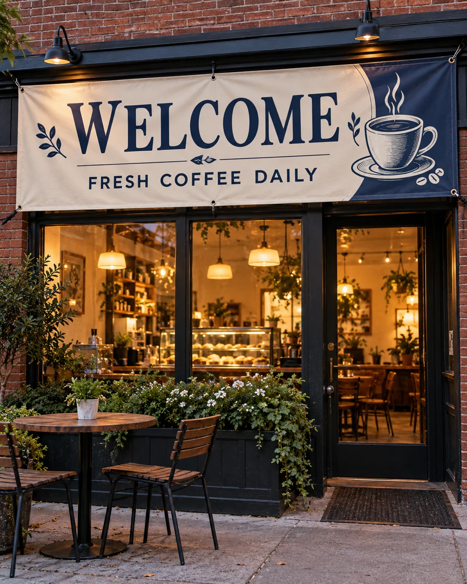 Illustrative custom vinyl banner at a local business