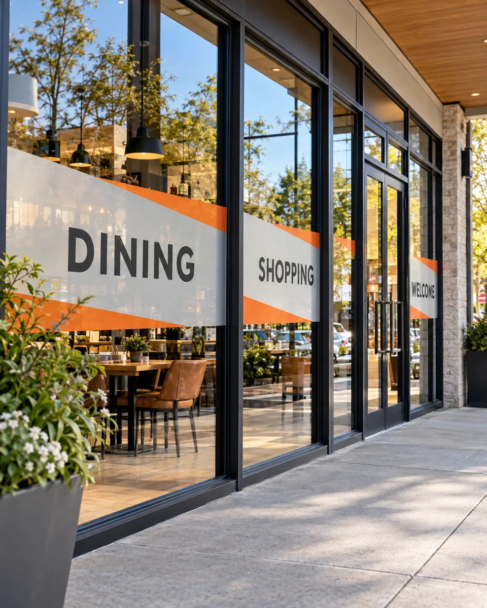 Shopping plaza window graphics · Community business inspiration