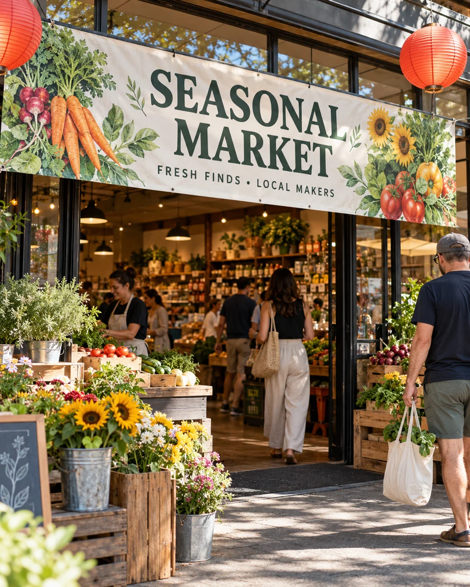 Seasonal market banners · Houston neighborhood