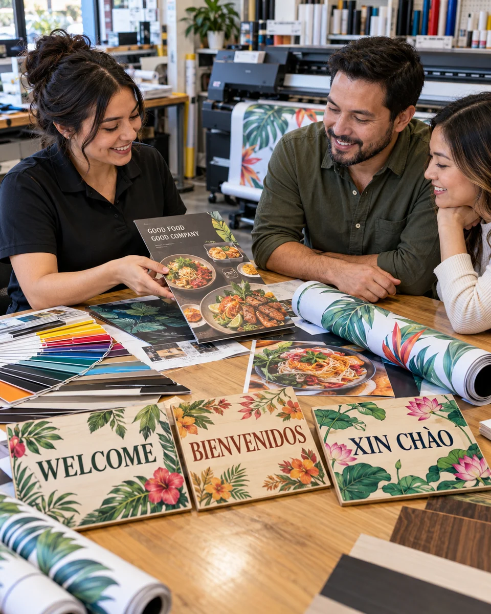 Multilingual print planning · Houston neighborhood inspiration