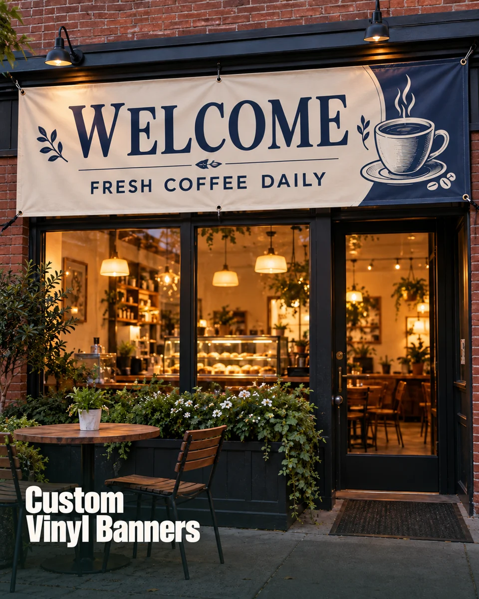 vinyl banners · Cafe & local shop