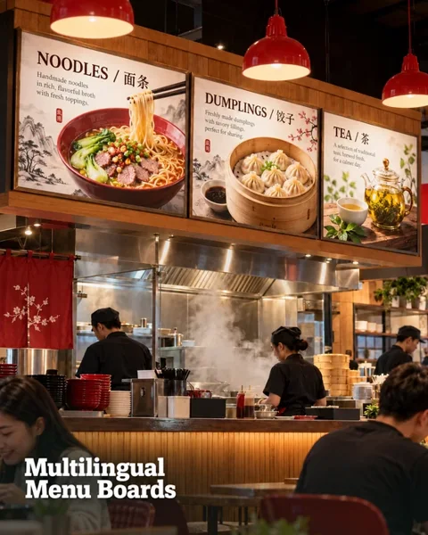 Multilingual restaurant menus · Houston neighborhood lifestyle printing idea