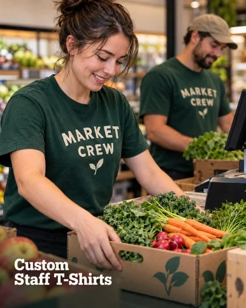 Market staff T-shirts · Houston neighborhood lifestyle printing idea