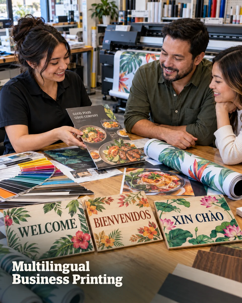 Multilingual print planning · Houston neighborhood inspiration